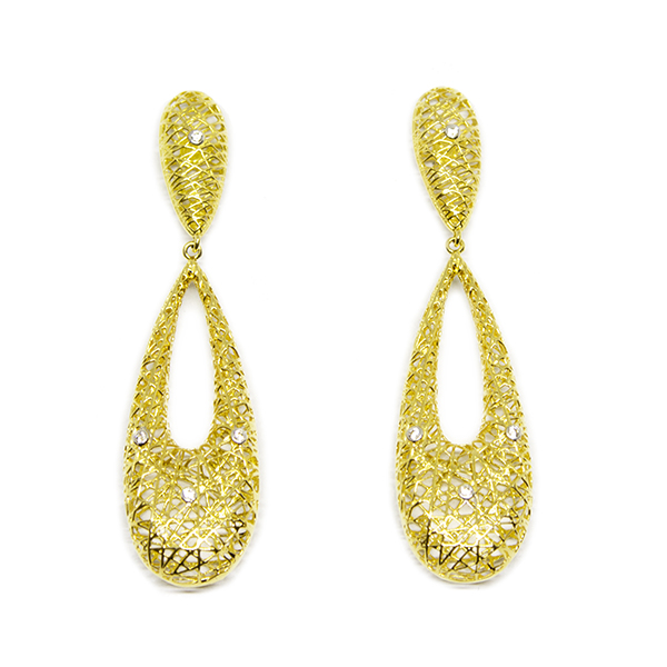 Brinco Gota Trama Vazado com Zirc�nias em Ouro 18 Kilates � 25419
